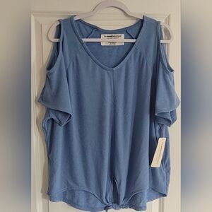 The Sweatshirt Project Blue Short Sleeve Cold Shoulder With Tie Front Shirt 1x